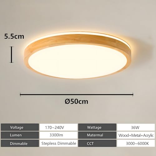 YYUTLUO LED Ceiling Light Wood, Top 360 Glow Round Natural Wooden Lamp | Dimmable with Remote Control 2700K-6500K, 36W | Living Room, Dining Room,