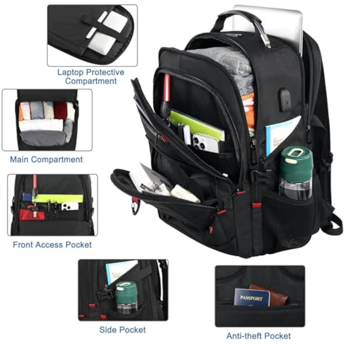 Z-MGKISS Travel Laptop Backpack, 52L Extra Large Backpack for Men, Overnight Backpack, TSA Flight Rucksack 17.3 Inch, Anti-Theft Work Bag with USB Port, Big Computer Bag for College & Business, Black