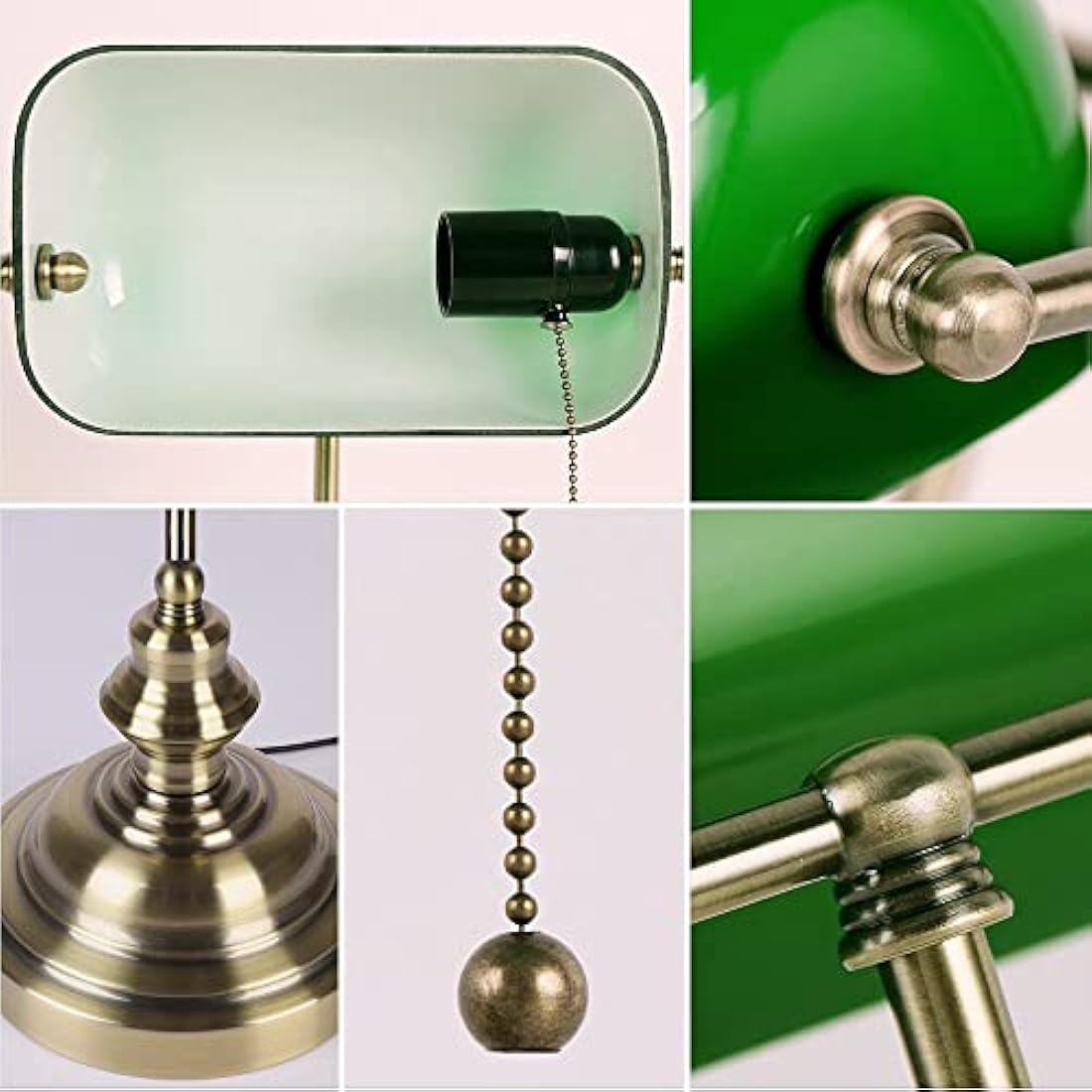 Newrays Green Glass Bankers Desk Lamp with Pull Chain Switch Plug in Fixture,Satin Brass Finish