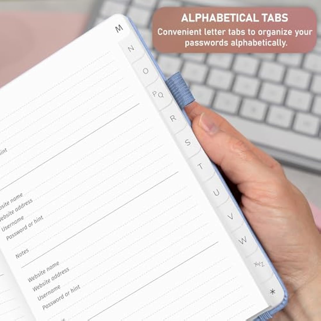 GoGirl Password Book with Alphabetical tabs – Internet Address & Password Keeper Logbook for Password Organization, Journal Notebook for Saving Website Logins. Medium Size 13.5 x 19cm - Light Blue