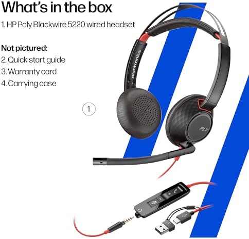 Poly Blackwire 5220 Wired Headset - Flexible Noise-Canceling Boom Mic - Ergonomic Design - Connect to PC/Mac, Mobile via USB-C, USB-A, or 3.5 mm - Works w/Teams, Zoom
