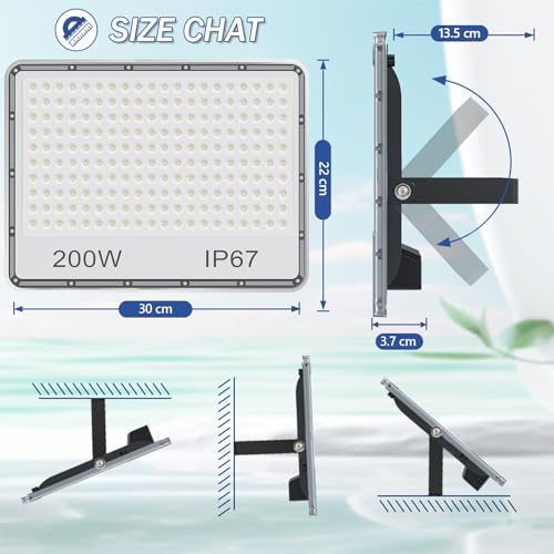 TASINUO 200W LED Floodlight Outdoor 2 Pack, 20000LM Outdoor Security Lights, IP67 Waterproof LED Spot Lights 7000K Daylight LED Flood Lights for Garden Yard Garages Warehouse Patio Billboard