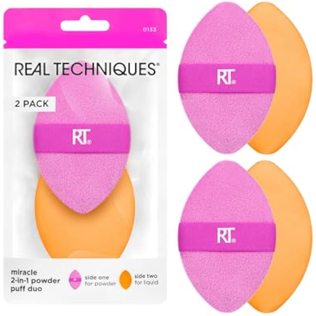 Real Techniques Miracle 2-In-1 Powder Puff, Dual-Sided, Full-Size Makeup Blending Puff, Reversible Elastic Band, Precision Tip Makeup Sponge and Powder Puff, For Liquid, Cream and Powder, 2 Count