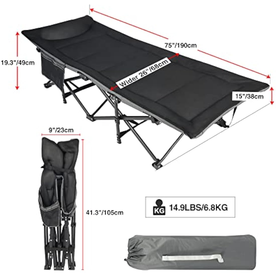 REDCAMP XXL Oversized Camp Bed for adults 500lbs with Cushion and Pillow,29.5" Extra Wide Heavy Duty Sturdy Folding Camping Bed Portable, Stronge Thicker Tubes Sleeping Cot Outdoor Travel Office