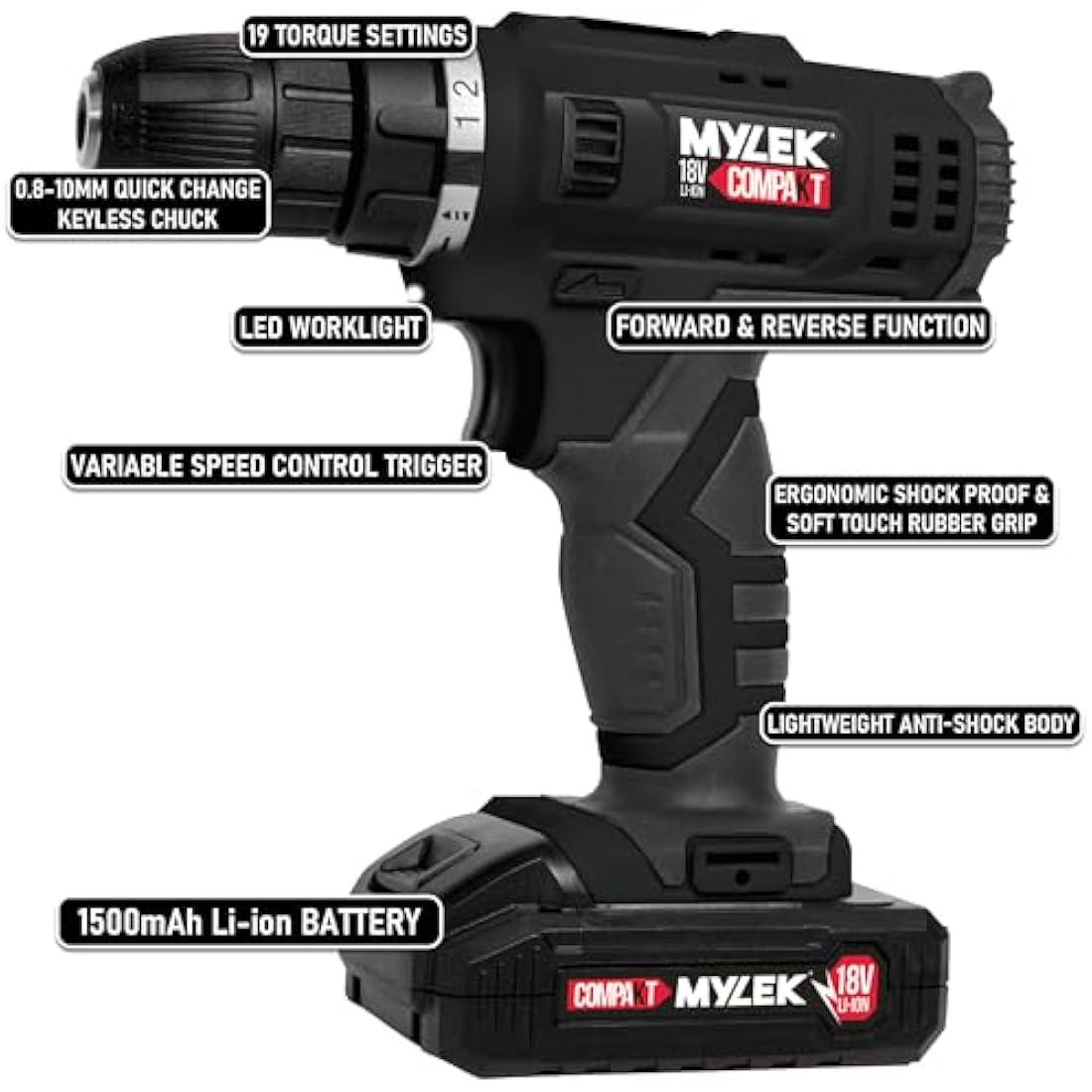 MYLEK MYW09 18V Cordless Drill Electric Screwdriver Set, Powerful Lithium Ion Battery Pack, 18 Volts Combi Driver, DIY Accessory Kit, Black