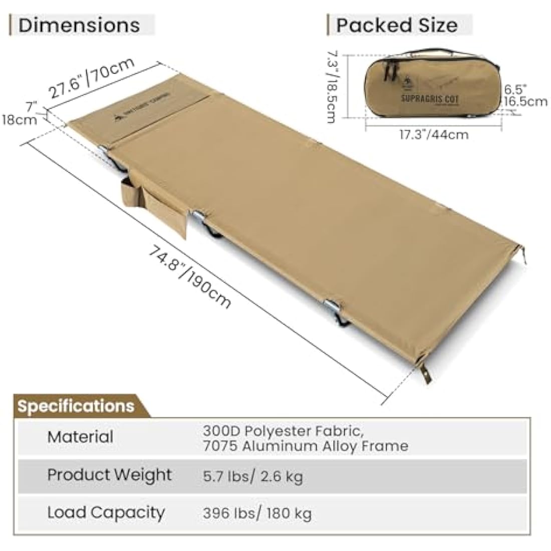 OneTigris SUPRAGRIS Camping Cot, Support Up to 400lbs, Lightweight Comfortable Folding Bed for Camping, Hiking, Backpacking, Travel, Car Trips, Office Nap
