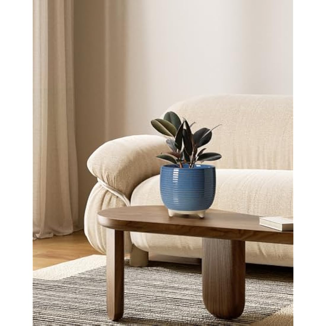 LE TAUCI Ceramic Plant Pots, 12 + 16 cm Footed Pots for Plants, Cute Modern Flower Pots for House and Office, Small Indoor Planters with Drainage, Reactive Glaze Blue