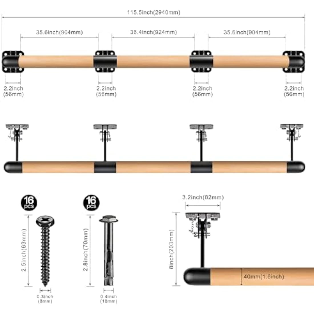 Dolibest 100-300cm Ballet Barre, Adjustable Wooden Dance Stretching Bar Wall Mounted Home Barre Workout Equipment with Metal Support Bracket Holder for Girls Kids and Adults, 4cm Diameter