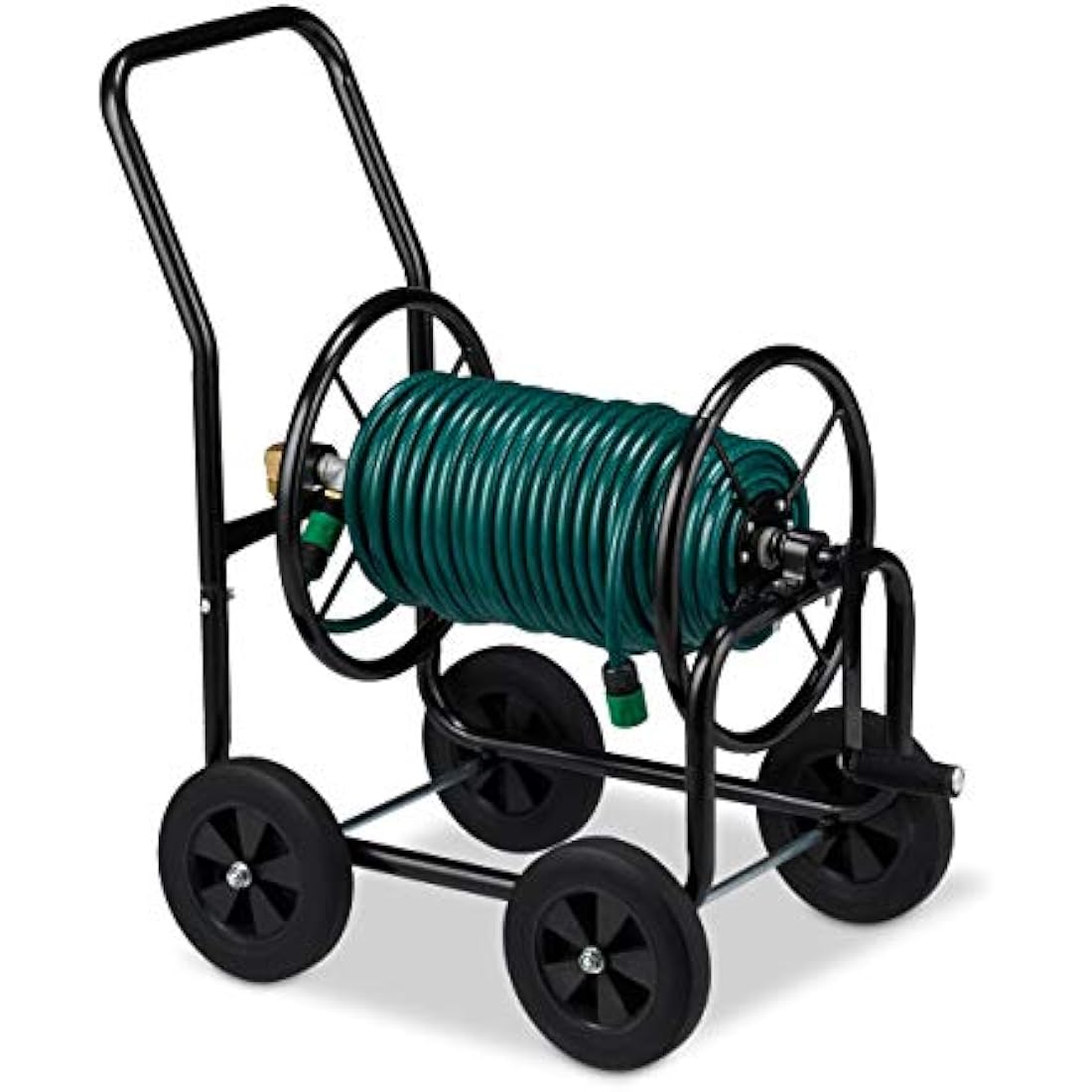 Relaxdays Hose Cart Metal, 4 Rubber Wheels, XL Garden Hosepipe Trolley, Crank, Holds 60 m, HWD 81 x 48 x 80 cm, Black, Steel