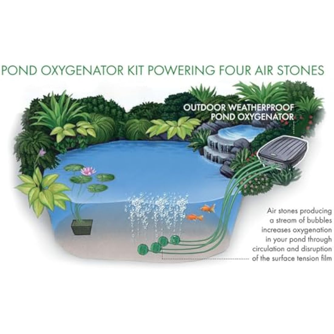 Blagdon Pond Water Oxygenator Kit, 4 Outlet Aeration Air Pump for Medium Ponds up to 4000 litres,Black