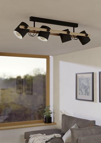 Eglo Ceiling Light Hornwood, 4 Light Vintage and Industrial Style Lighting Made of Black Metal and Natural Wood, Living Room and Bedroom spotlights,