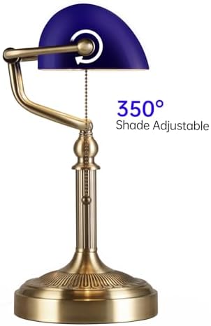 Newrays Blue Glass Bankers Desk Lamp with Pull Chain Switch Plug in Fixture for Home Office,Library