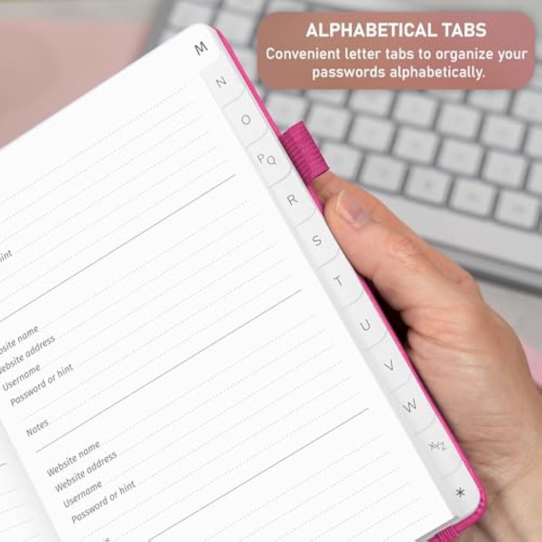 GoGirl Password Book with Alphabetical tabs – Internet Address & Password Keeper Logbook for Password Organization, Journal Notebook for Saving Website Logins. Medium Size 13.5 x 19cm - Hot Pink