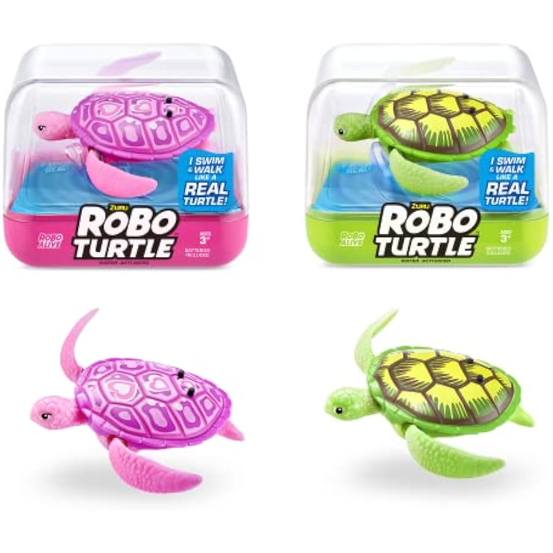 Robo Turtle Robotic Swimming Turtle by ZURU, Swims, Battery Powered, bath Toy(2 Pack, Green & Pink)