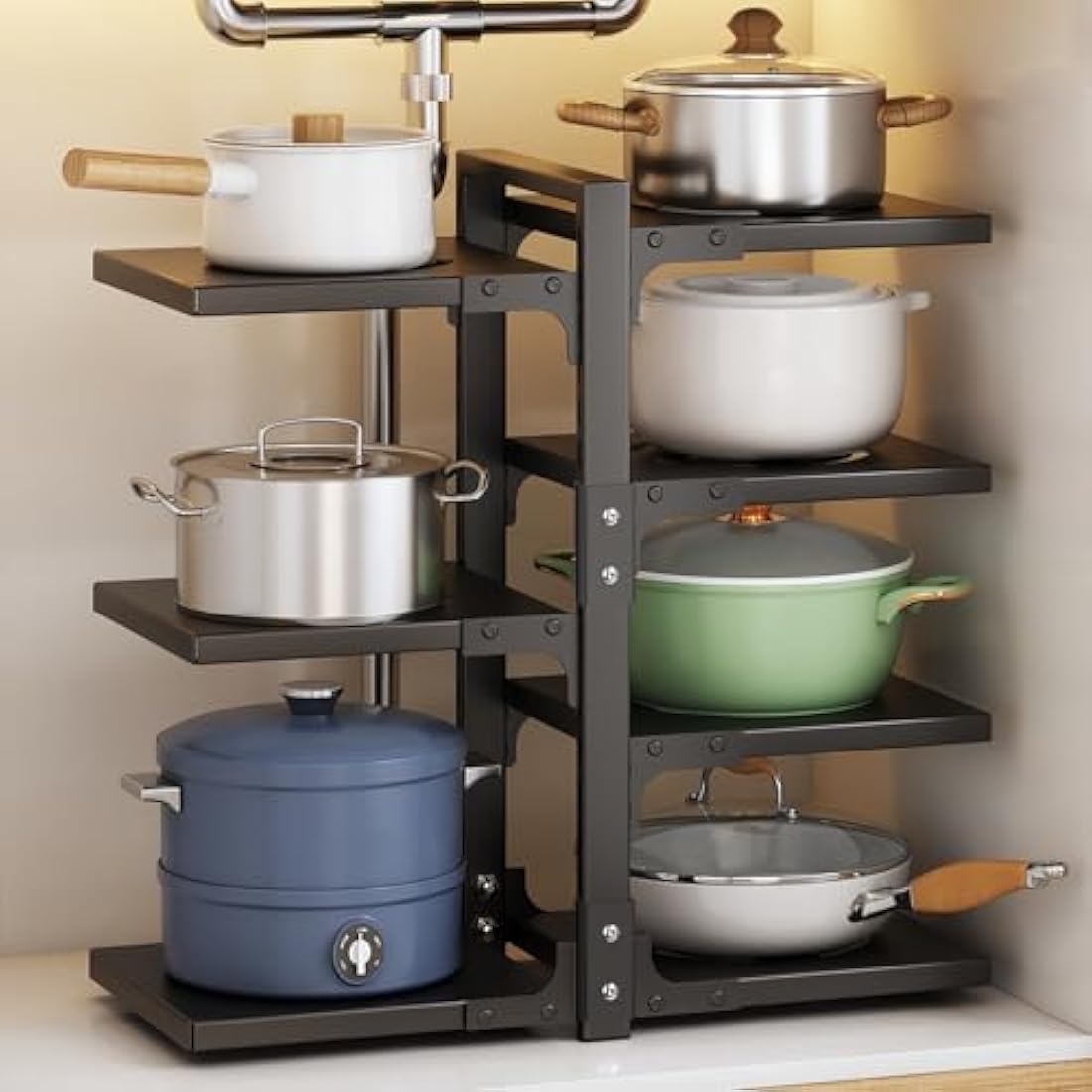 CASONNIK 7-Tier Adjustable Heavy Duty Pan Organizer - Multiple Use Modes, Pot & Pan Rack for Kitchen Counter and Cabinet