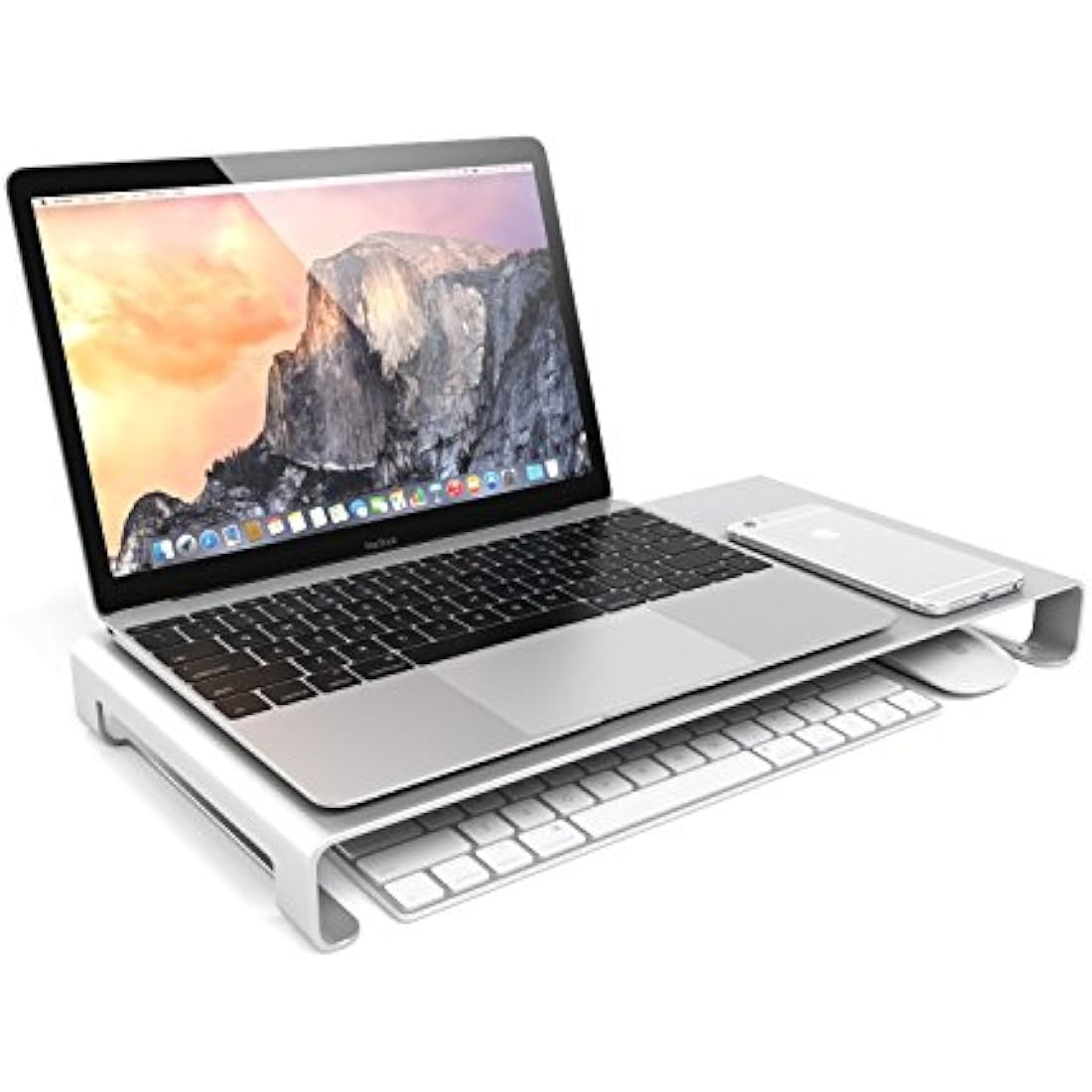 Desire2 Monitor Stand Riser, Silver Aluminium Metal Desk Shelf, Designed for iMac Stand, Macbook, Laptop Screen Riser, Slim Computer Stands, Printer, Office Organisation, Computer Accessories for Desk