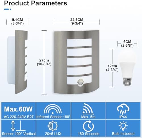 Wondlumi Outdoor Wall Lights Mains Powered PIR Motion Sensor Stainless Steel IP44 Waterproof Outside Light for Porch, Incl. 1x 12W LED E27 Bulbs Warm White