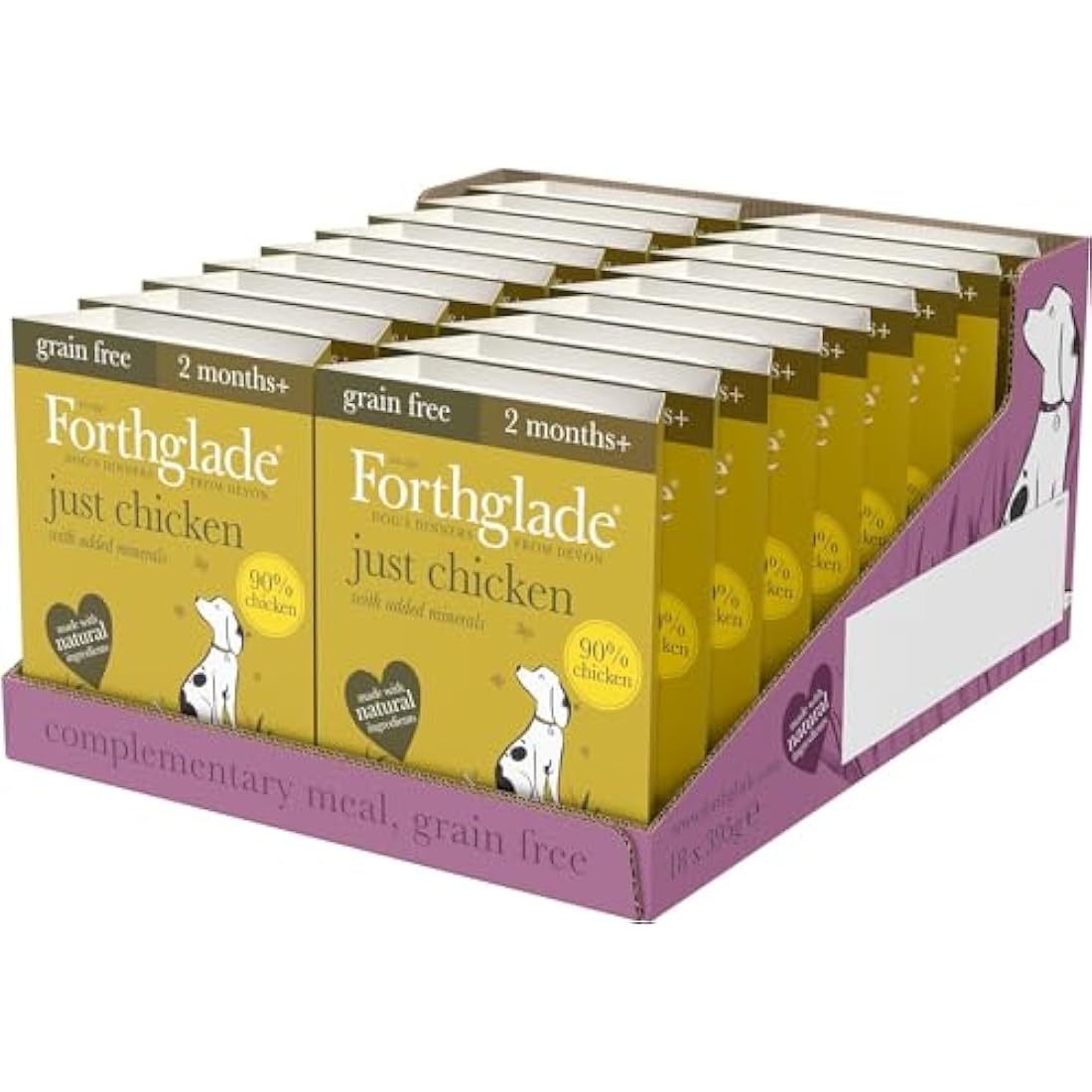 Forthglade Complementary Wet Dog Food (18 x 395g Trays) - Grain Free & Hypoallergenic Dog Food, Just 90% Chicken, Stomach Sensitive Meals with Natural Ingredients