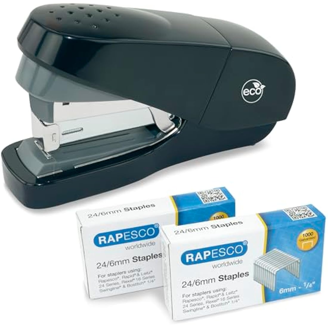 Rapesco 1688 ECO Less Effort Flat Clinch Stapler with 2000 Type 24/6mm Staples, 35 Sheet Capacity, Black