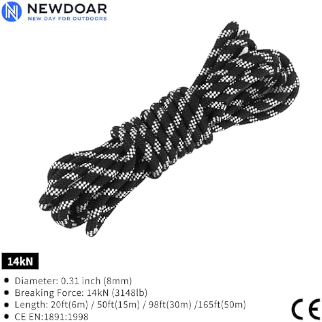 NewDoar Outdoor Rope 14KN/18KN 8mm/10mm High Strength Accessory Cord Rope Double Braid Multifunctional Cord for Camping, Hiking, Fishing, Hauling Loads, Hammocks,Tents