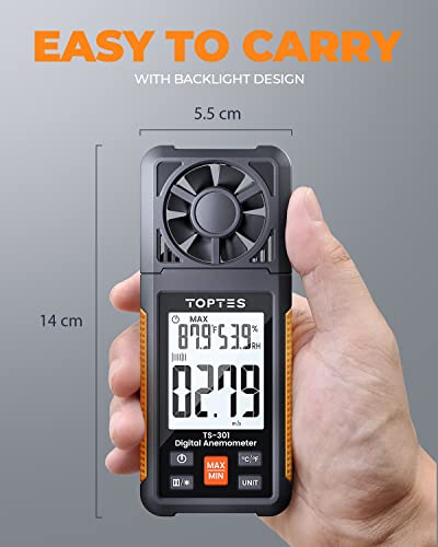 TopTes TS-301 Anemometer Wind Speed Meter, 2.26-Inch Display Wind Meter with Backlight, Max/Min/Average - Orange