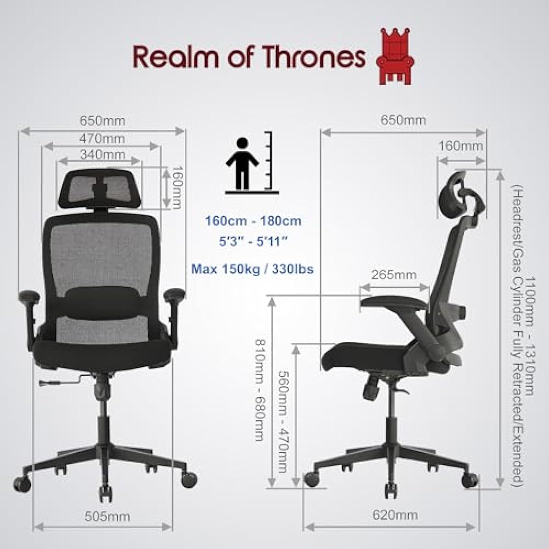 Realm of Thrones VALOUR Ergonomic Office Chair for Home, Gaming Desk Chair, 3D Headrest/High Back Mesh/Comfort Cushion Seat/2D Rotating Armrests/Adjustable Lumbar Support/Heavy Duty Steel Base (Black)
