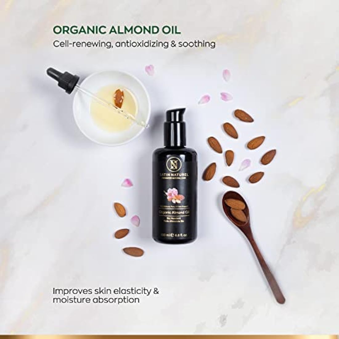 Satin Naturel Organic Almond Oil 200ml – Cold-Pressed, 100% Pure & Natural – Rich in Vitamins for Skin, Hair & Nails – Vegan Natural Cosmetic in Glass Bottle