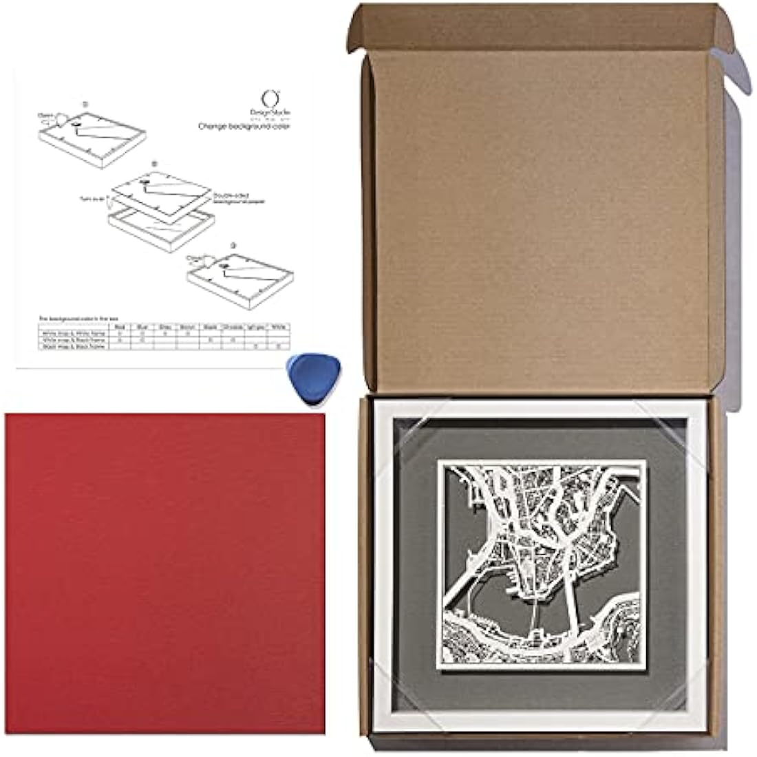 O3 DESIGN STUDIO Stuttgart Paper Cut Map framed, White map, Black frame, 9x9 inches, Gift Boxed, 4 background color, self-changing, Paper Art