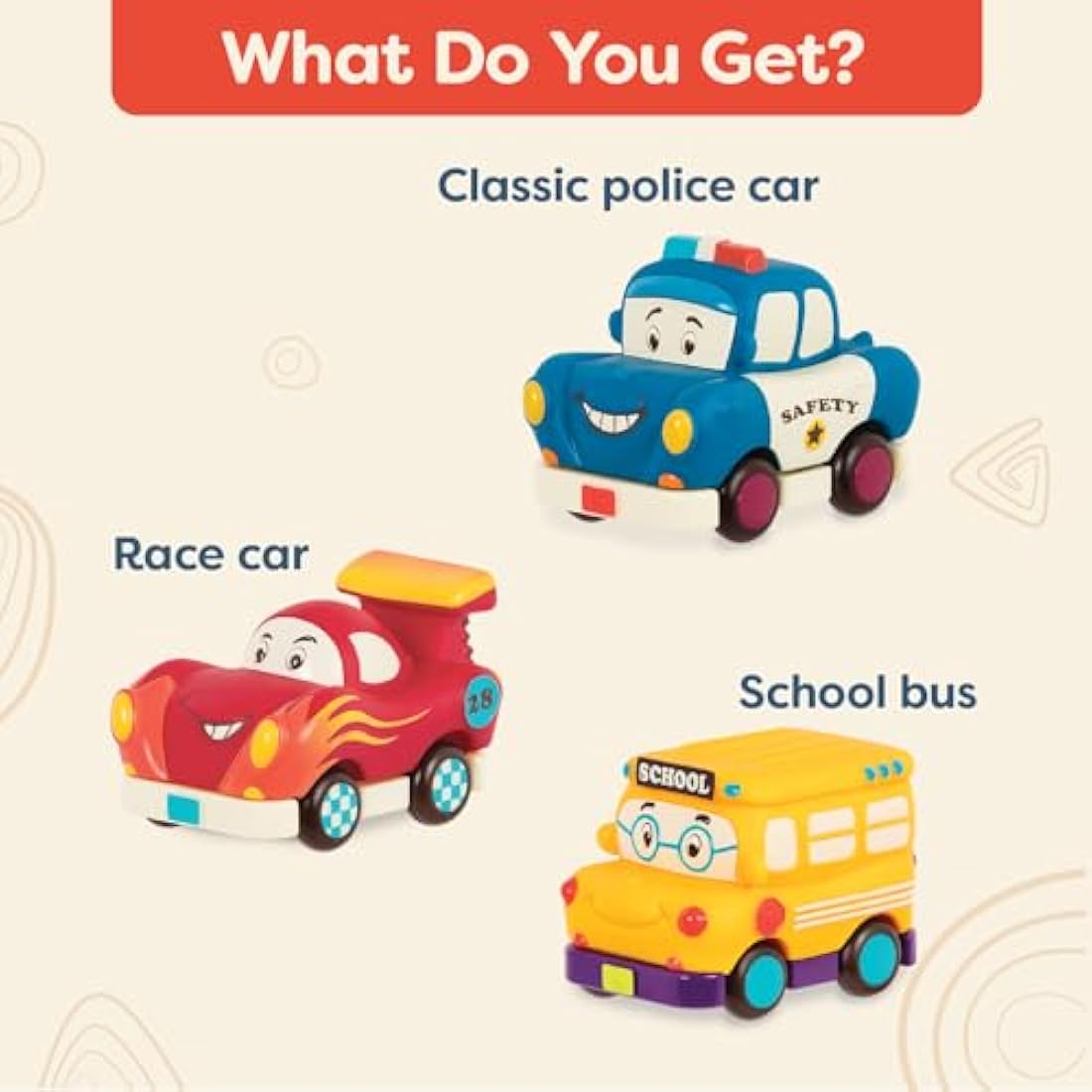 B. Toys – Mini Wheeee – ls! – 3 Pieces Mini Pull – Back Vehicles Set, Bus & Cars, Multi, Hot Rod, School Bus, Police Car – 1 Year +