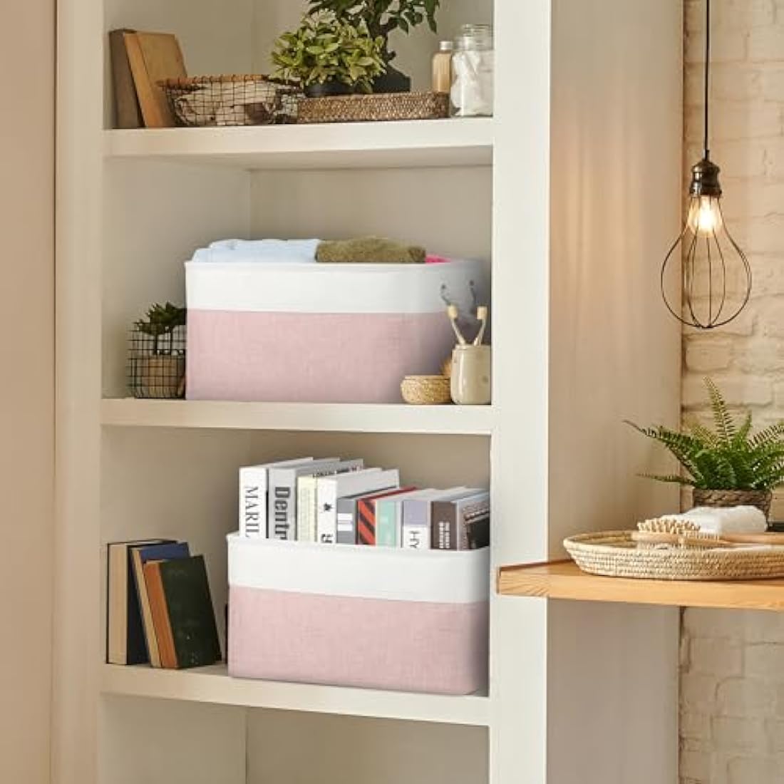 Syeeiex Storage Basket for Shelves [3-Pack], Storage Boxes with Handles, Large Fabric Storage Bins for Organizing Home and Office, Pink