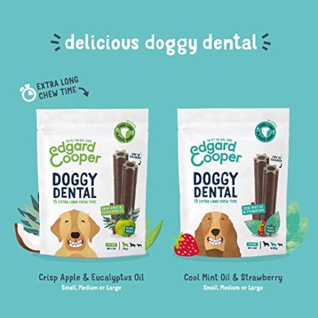Edgard Cooper Treats Dental Stick, Medium - Eucalyptus & Apple - (8 x 7 stick pack), Natural Dog Chew Sticks, Dental Hygiene, One per Day, Low Calorie, Long Chewing, Fresh Breath