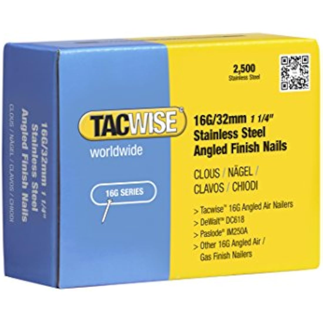 Tacwise 1222 16G/32mm Stainless Steel Angled Finish Nails for Nail Gun (2500), silver