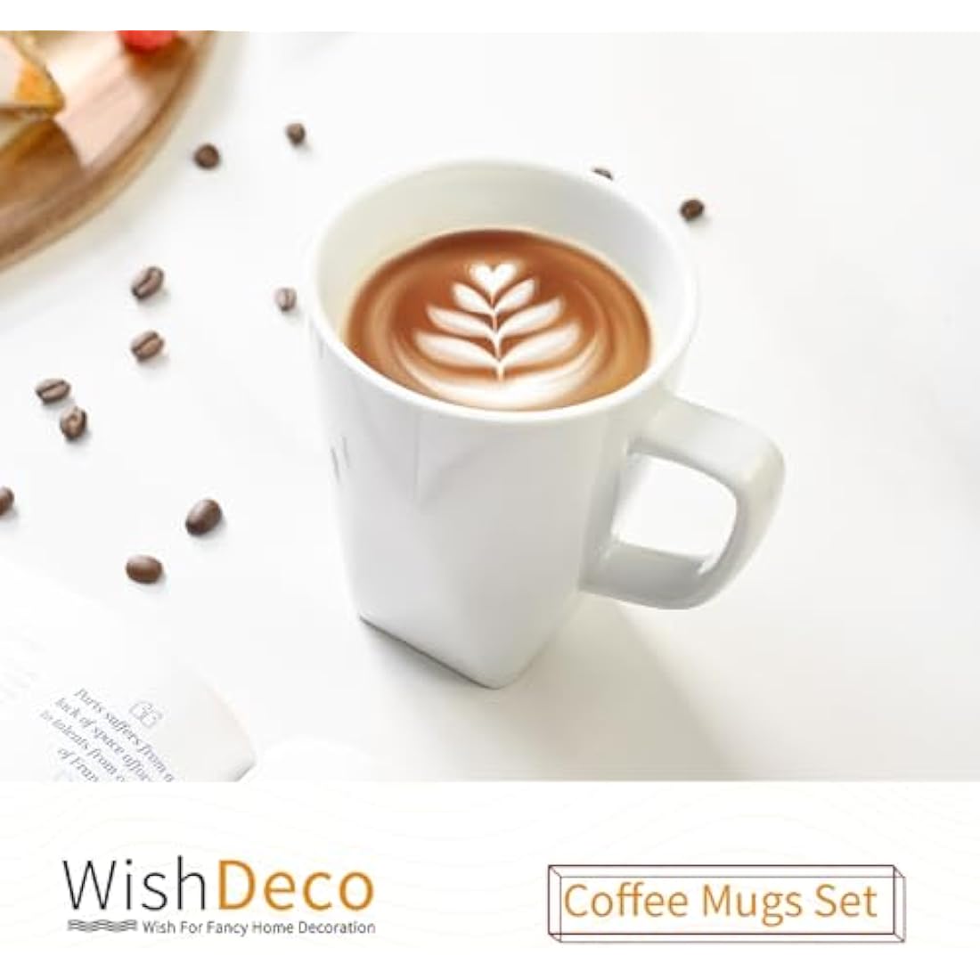 WishDeco Coffee Mugs Set of 6, White Mugs with Handle, 400ml / 14oz Porcelain Coffee Cups, Tea Cups, Large Mugs for Milk, Juice, Hot Chocolate, Latte, Square Bottom