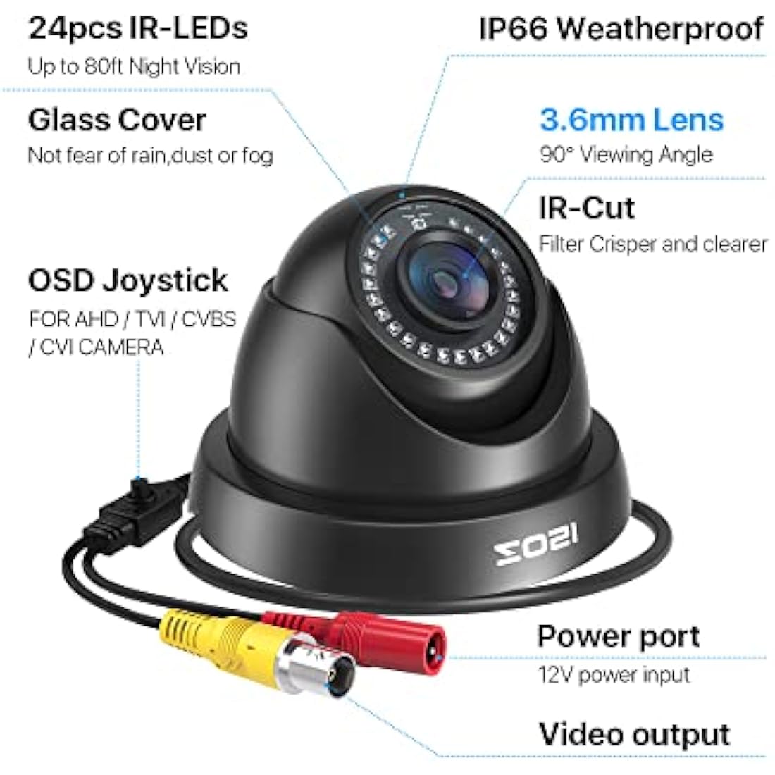 ZOSI 1080P CCTV Camera Surveillance outdoor Indoor, 1920TVL Hybrid 4-in-1 TVI CVI AHD CVBS Camera for Home Security, 24PCS IR Leds 3.6mm Lens 80ft Night Vision, IP66 Weatherproof, AI Detect, Black