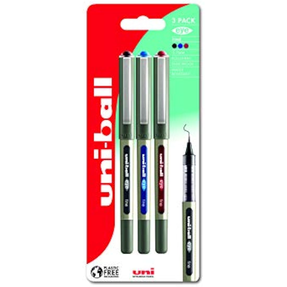 uni-ball UB-157 Eye Rollerball Pens. Premium Fine 0.7mm Ballpoint Tip for Super Smooth Handwriting, Drawing, Art, Crafts and Colouring. Fade and Water Resistant Liquid Uni Super Ink. 3 Pack Assorted