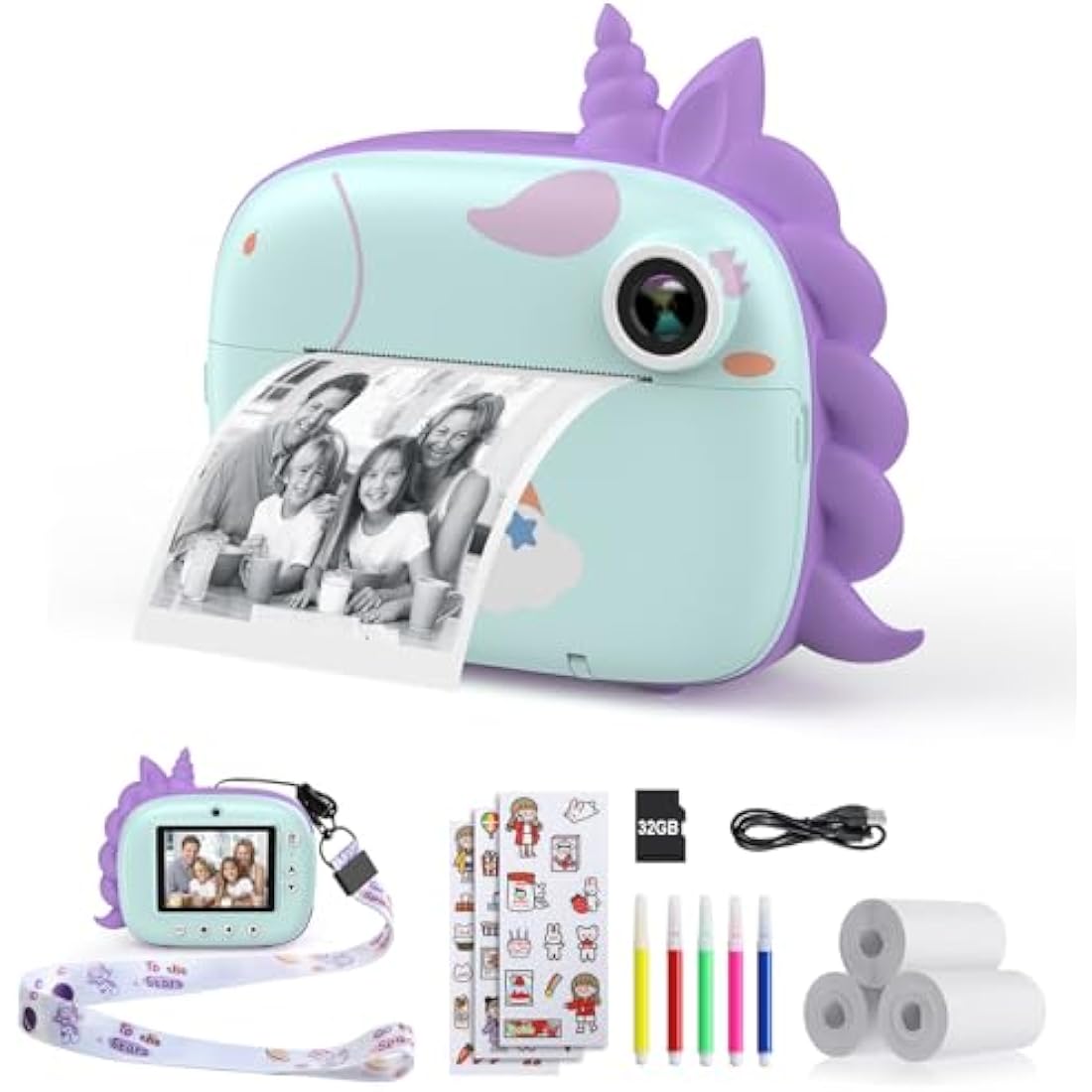 HiMont Kids Camera Instant Print, Digital Camera for Kids with No Ink Print Paper & 32G TF Card, Selfie Video Camera with Color Pens for DIY, Fun Gift for Girls Boys 3-14 Years Old (Green)