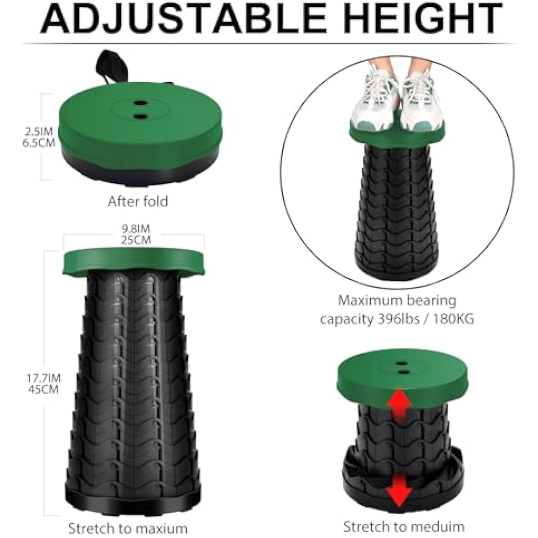 LUXJET Portable Folding Stool Lightweight Yet More Sturdy with Load Capacity 180KG, Retractable Plastic Foldable Collapsible Stool for Camping Fishing Hiking BBQ Outdoors Indoors (Army Green, Round)