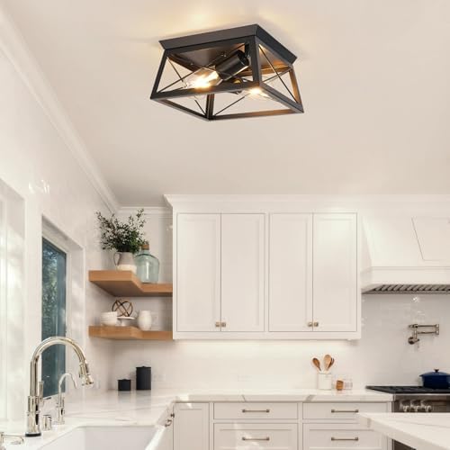 FORCOSO Black Ceiling Lights 2 Lights - Modern Industrial Ceiling Lamp E27 Flush Mount LED Metal Cage Vintage Ceiling Light Fixture for Living Room Bedroom Kitchen Hallway - NO Bulb