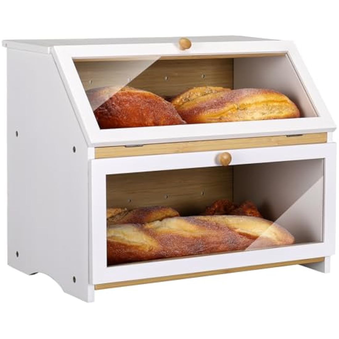 Leader Accessories Double Decker Bamboo Bread Bin 2-Layer Bread Box Large Capacity Bread Storage for Kitchen 15.3"x9.8"x12.6" White