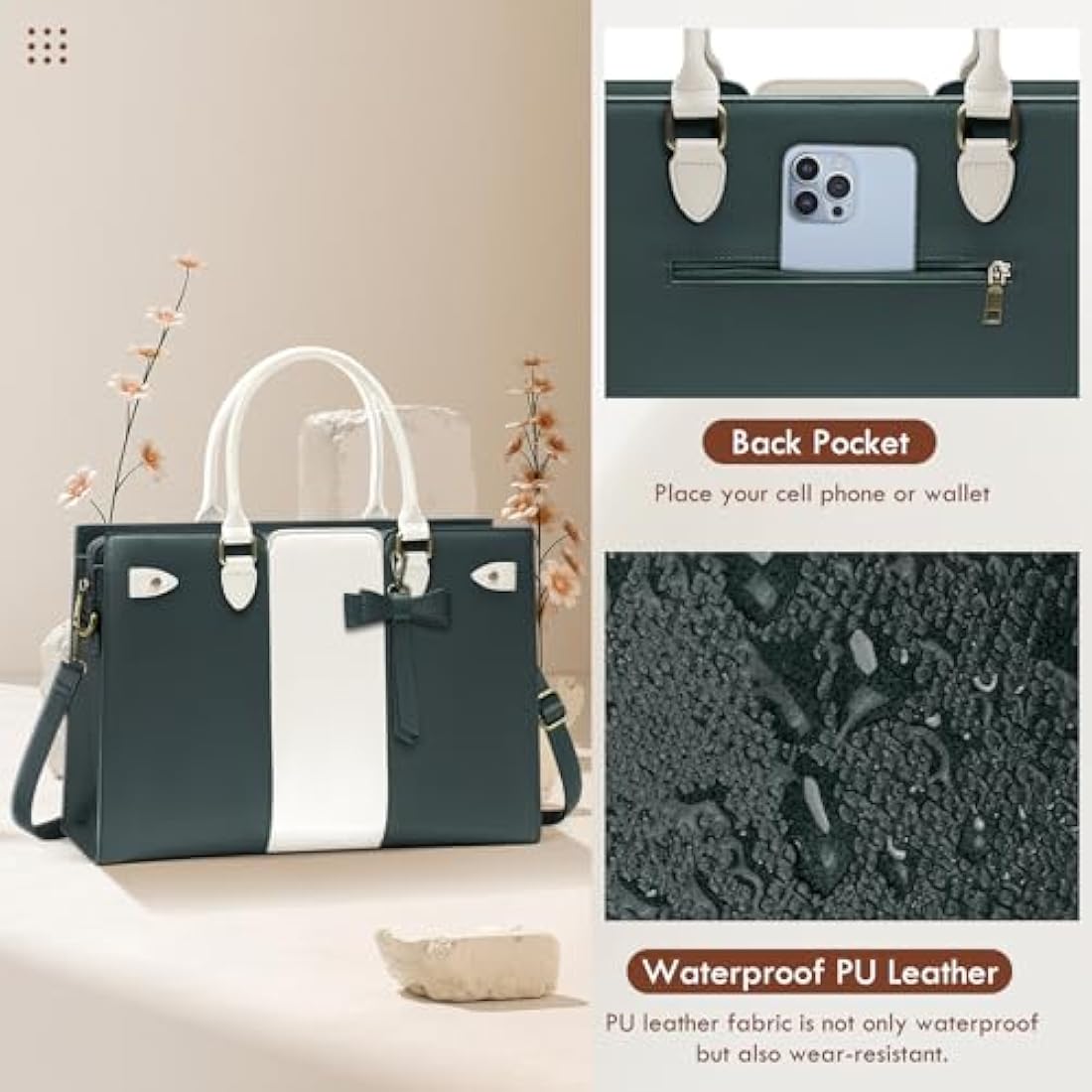 RAINSMORE Laptop Bags for Women PU Leather Work Bags for Women Tote Bag Large Handbag Shoulder Bag for Office Bussiness 15.6 Inch Dark Green and Beige