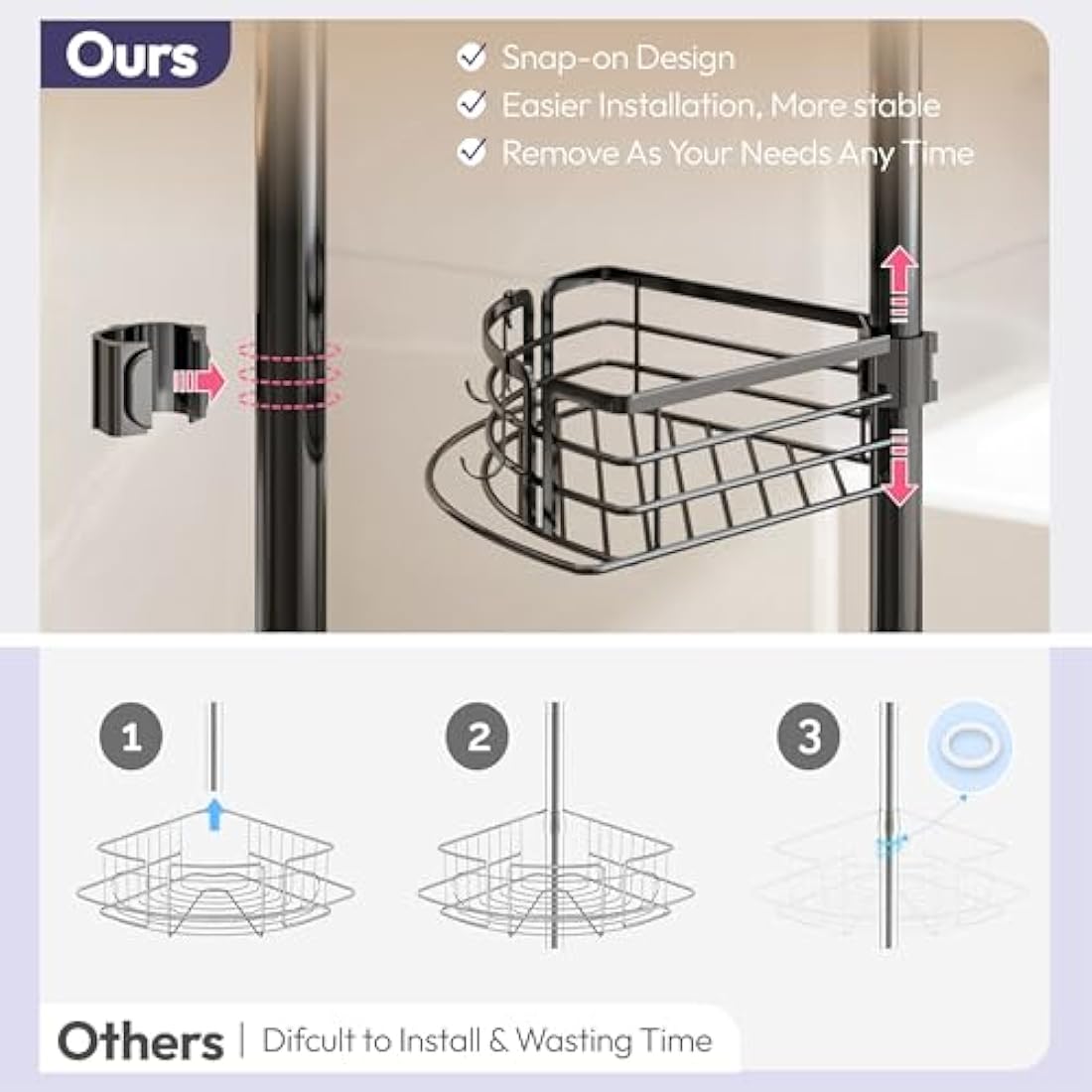 SWTYMIKI Telescopic Shower Caddy Corner - Rustproof Shower Corner Shelves with Towel Bar & Soap Holder, Adjustable No Drilling Organizer for Bathroom Storage With 4 Baskets,27.6-108.3 inch, Black