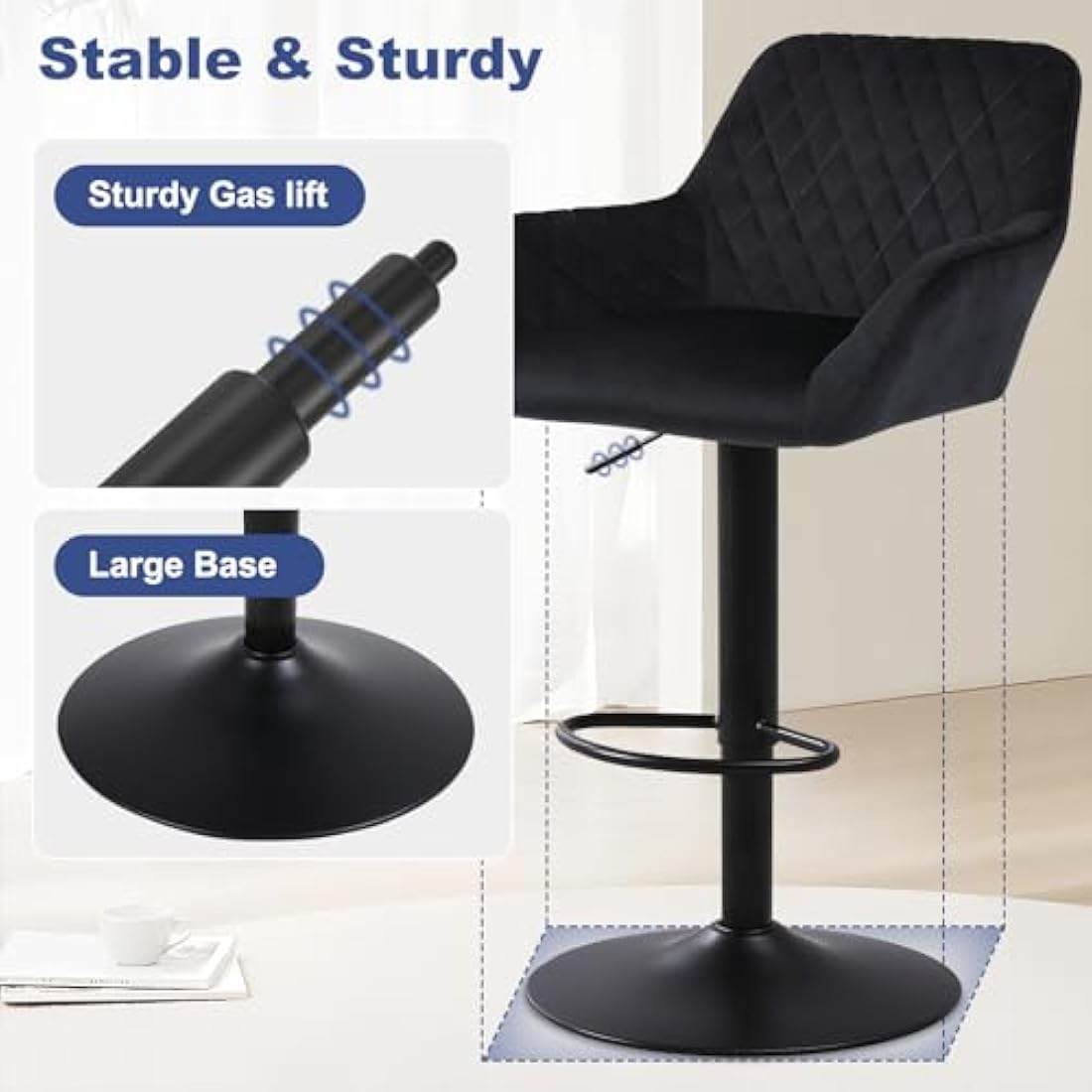 ralex-chair Bar Stools Set of 2, Height Adjustable Velvet Fabric Swivel Barstool Bar Chairs, Breakfast Dining Stools With Backrest and Armrest for Bar, Counter and Kitchen,Black
