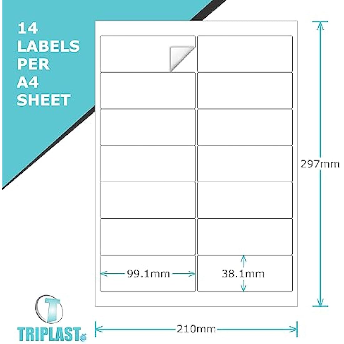 Triplast 100 x Multipurpose A4 Label Sheets - 14 Labels Per Sheet (99 x 38mm Each) - Easy Peel White Labels for Inkjet & Laser Printer - Address Labels, Shipping Labels, File Labels, DIY Stickers