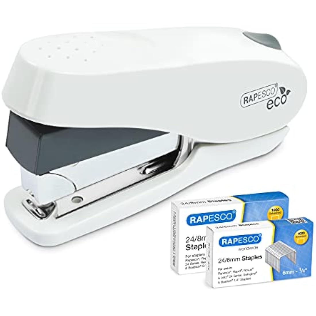 Rapesco 1467 Germ-Savvy Antibacterial, ECO Luna Less Effort Stapler with 2000 Staples, 50 Sheet Capacity, Soft White