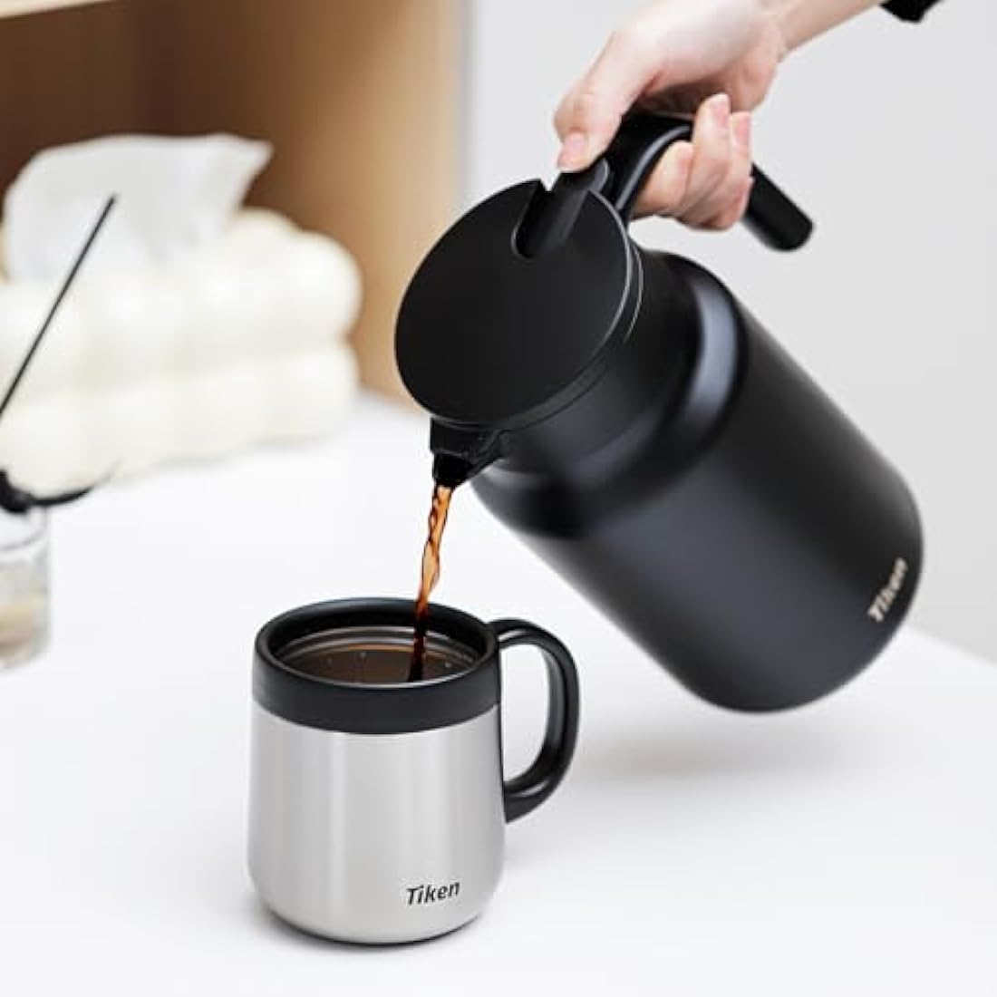 Tiken 1.5L Thermal Coffee Carafe Jug, Double Walled Stainless Steel Insulated Vacuum Coffee Flask for Hot &Cold Drinks