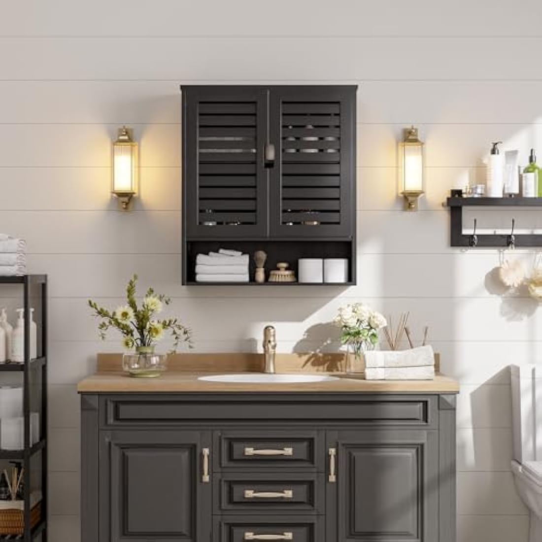 SMIBUY Bathroom Cabinet Wall Mounted, Bamboo Over-The-Toilet Storage Organizer, Space Saver Medicine Cabinet with 2 Door and Adjustable Shelves (Black)