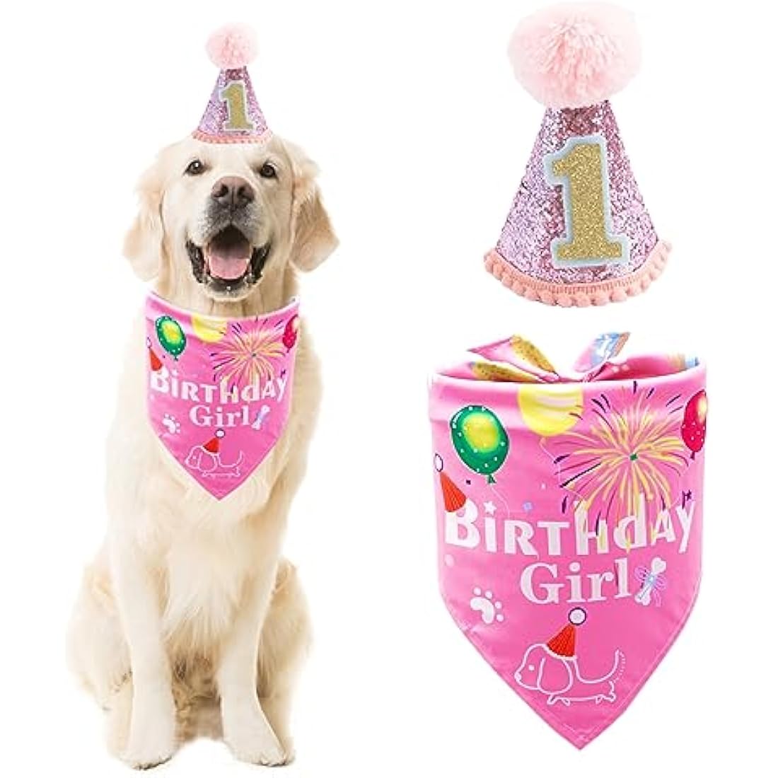 BIPY Dog 1st Birthday Hat Bandanas Set for Girls Small Medium Pets Pink Headdress Costumes Grooming Supplies for Party Celebration Decoration