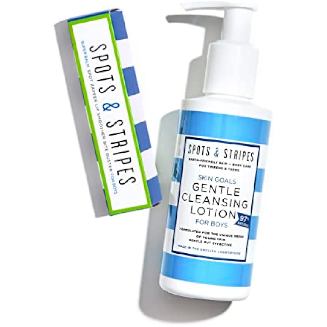 Spots & Stripes - Starter Skincare Set for Boys, Easy-to-Use and Natural Essentials for Teen and Young Skin, with Virgin Coconut, Kanuka and Niaouli, Super Gentle (150ml and 15g)