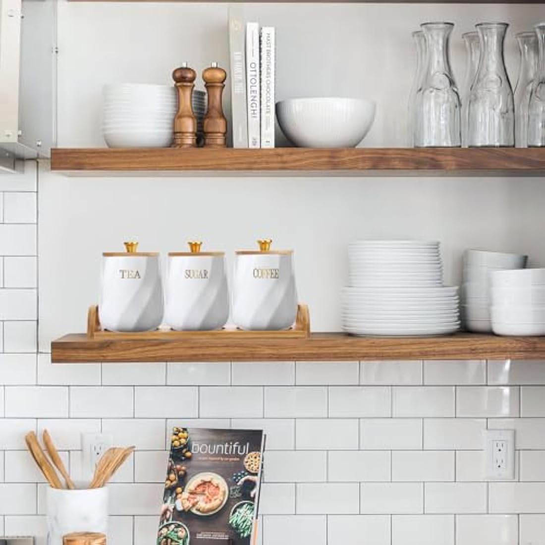 BTSKY Ceramic Kitchen Canisters with Lid and Tray - White Airtight Sugar Coffee Tea Containers with Wooden Tray, Food Storage Jars for Kitchen Counter