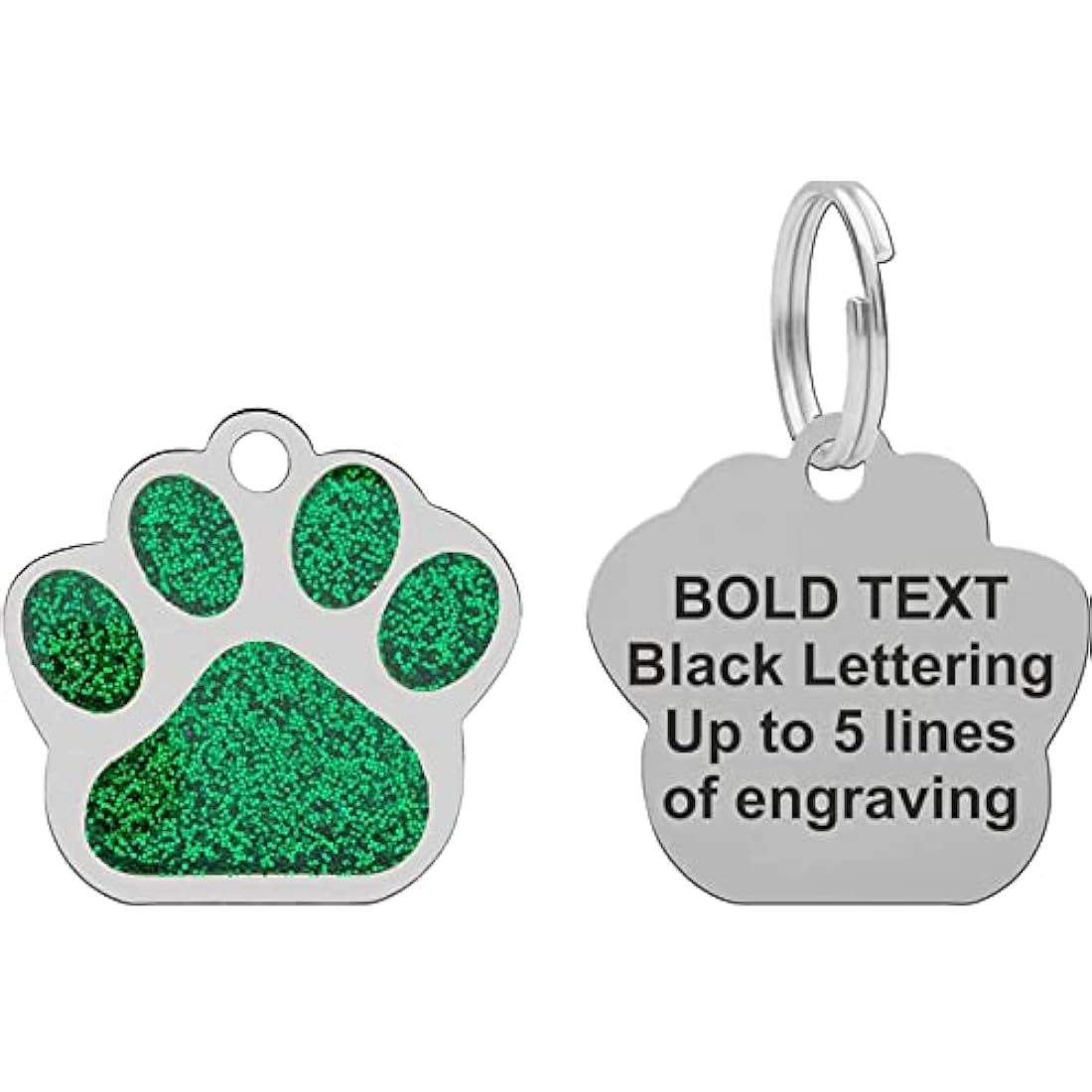 Dog Cat Pet Tag ID Collar Tags Personalised Black Bold Lettering Engraved 27mm with Glitter Paw Print (Green)